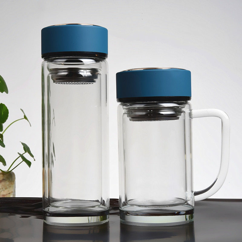 雙層玻璃杯大容量帶把手辦公水杯 男士帶蓋有濾網(wǎng)玻璃茶杯子定做廠家